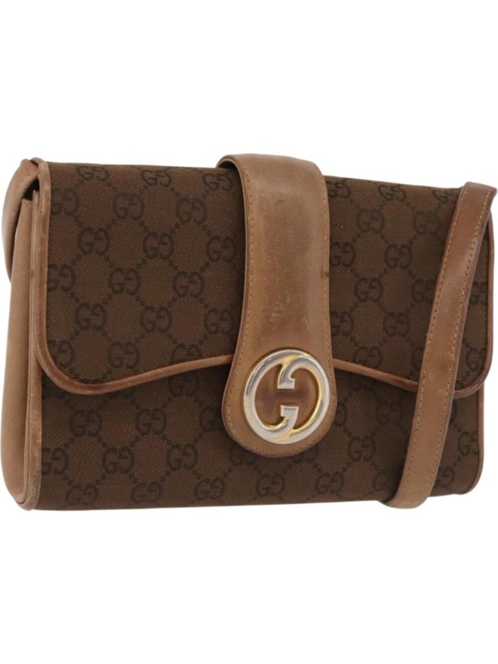 GUCCI GG Canvas Shoulder Bag Brown Gold